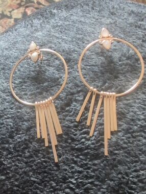 Elizabeth Stone Gold Hoop Fringe Earrings with White moon  Stone Accents